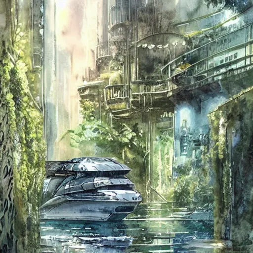 Image similar to Narrow cosy waterway in beautiful overgrown futuristic sci-fi city in harmony with nature. Nice colour scheme, soft warm colour. Beautiful detailed watercolor by Lurid. (2022)