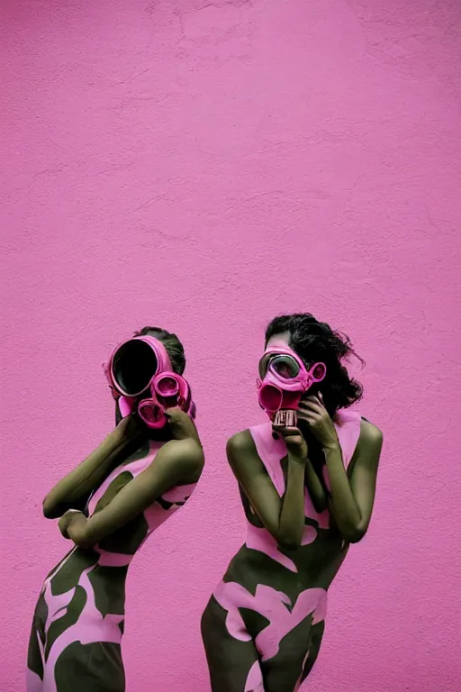 Image similar to a surreal portrait of intertwined and contorted figures wearing gas mask next to a pink wall in the style of brooke didonato, editorial fashion photography from vogue magazine, full shot, nikon d 8 1 0, ƒ / 2. 5, focal length : 8 5. 0 mm, exposure time : 1 / 8 0 0, iso : 2 0 0