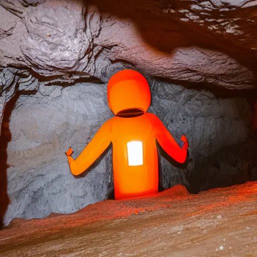Image similar to photo of building and a giant orange glowing transparent humanoid of one thousand feet of height inside a cave