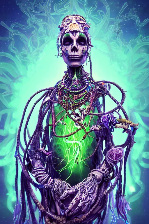 Image similar to full body psychedelic shaman with trinket necklace, epic angle and pose, symmetrical artwork, 3d with depth of field, blurred background, cybernetic jellyfish robotic face skull ayahuasca, translucent, fungus, energy flows of water and fire. a highly detailed epic cinematic concept art CG render. made in Maya, Blender and Photoshop, octane render, excellent composition, cinematic dystopian brutalist atmosphere, dynamic dramatic cinematic lighting, aesthetic, very inspirational, arthouse, Greg Rutkowski, Ilya Kuvshinov, WLOP, Stanley Artgerm Lau, Ruan Jia and Fenghua Zhong