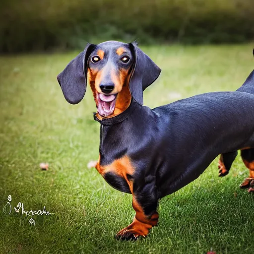 Image similar to photoshoot portrait of a very happy dachshund, with a big smile