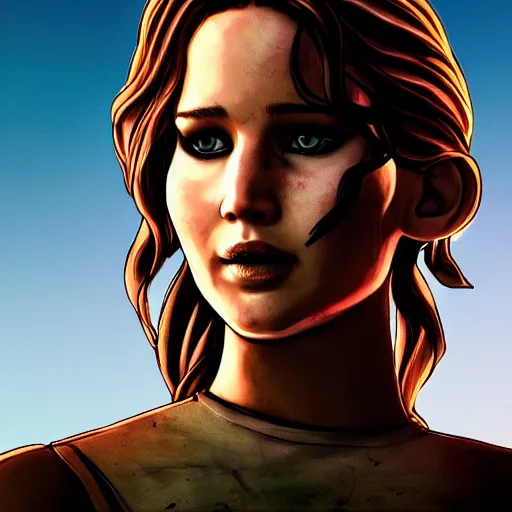 Image similar to jennifer lawrence portrait, borderlands, tales from the borderlands, the wolf among us, comic, cinematic lighting, studio quality, 8 k