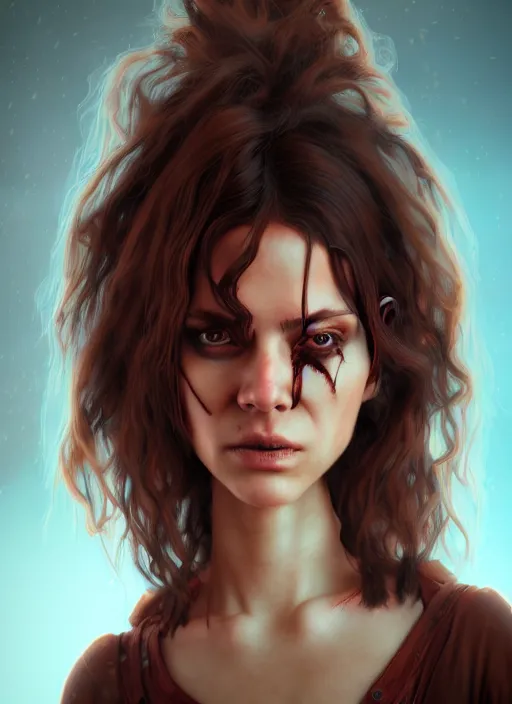 Image similar to an epic fantasy comic book style portrait painting of a girl with short dirty brown straggly hair, low lethargic insouciance voice with a drawl wearing a ragged dress, unreal 5, daz, hyperrealistic, octane render, cosplay, rpg portrait, dynamic lighting