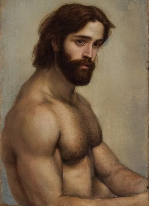 Prompt: Pre-Raphaelite young beautiful muscular brown-haired bearded muscular male