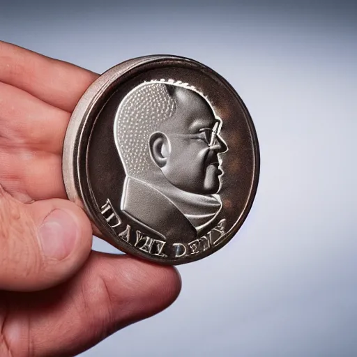 Prompt: a coin featuring the head of Danny Devito