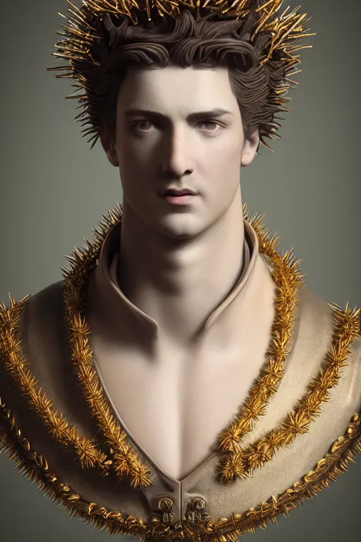Image similar to a realistic porcelain full-head baroque style bust of handsome young Spanish brunette prince with a spiky hair and a crown made of colored pipecleaners, suspended in outer space, photorealism, octane render, depth of field, 8k, 35mm, artgem, Trending on artstation