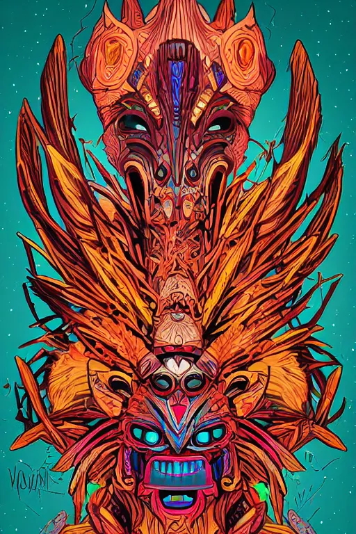 Image similar to totem animal tribal chaman vodoo mask feather gemstone plant wood rock video game illustration vivid color borderlands by josan gonzales and dan mumford radiating a glowing aura