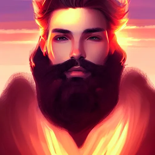 Image similar to young man with a light beard, beautiful sunset, high definition, concept art, digital painting, art station, sharp focus, art by artgerm