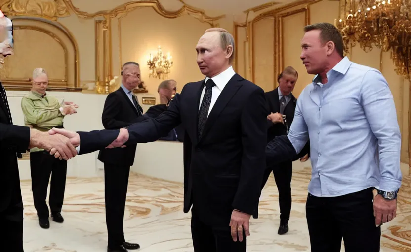 Prompt: vladimir putin shaking hands with billy herrington, press conference, 1 0 8 0 p, press photos, russia today