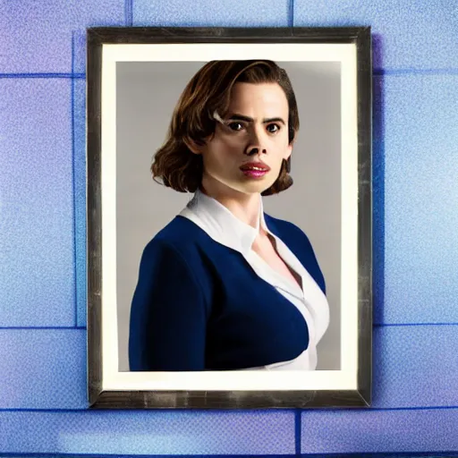 Image similar to a beautiful full body photograph of hayley atwell as the doctor from doctor who posing in front of the tardis, symmetrical face, extreme realism and detail, 8 k, completely framed, direct lighting, 3 5 mm photo, photorealistic, sharp focus