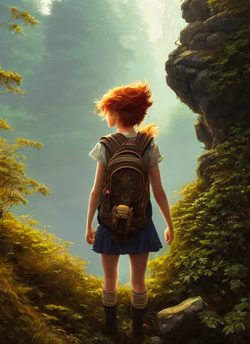 Image similar to detailed intricate digital illustration by greg rutkowski and artgerm and wlop and sanford robinson gifford ; young red - haired explorer girl with a backpack, ancient forest, shimmering waterfall in background ; 1 3 mm film, arri alfa anamorphic lens ; sharp focus, golden hour lighting, trending on artstation 4 k