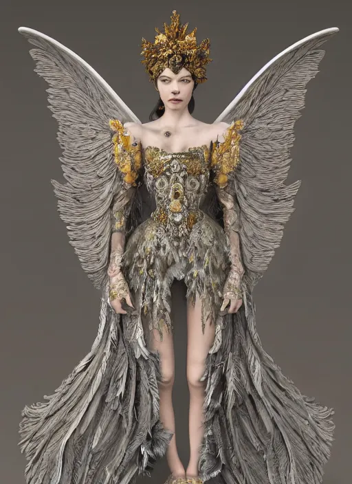 Image similar to full body environmental portrait photo of anya taylor - joy as angel, ornate headpiece made from flowers, ornaments, glamour shot by gemmy woud - binnendijk, chris knight, photorealistic, canon r 3, fashion photography, ornate, elegant, luxury and elite, symmetrical features, octane render, unreal engine, solid dark grey background, dramatic lights