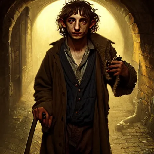 Image similar to Drug addict hobbit with crazy eyes smoking in a dark alley, ultra realistic, concept art, intricate details, dark, highly detailed, photorealistic, octane render, 8k, unreal engine, art by artgerm and greg rutkowski and alphonse mucha