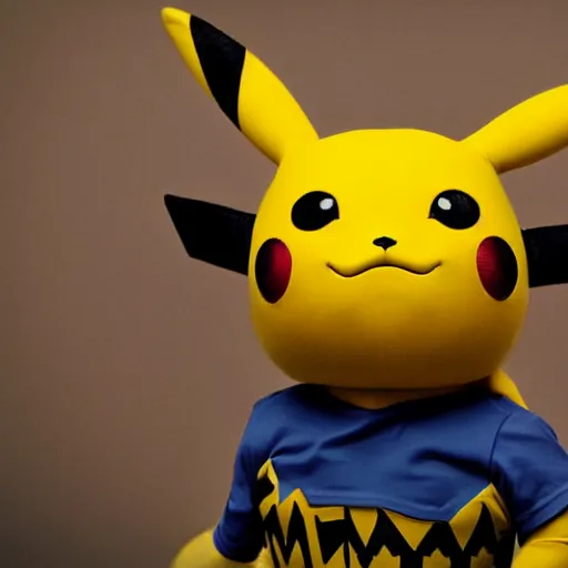 Prompt: close up of pikachu wearing gimp suit, cinematographic shot, by daniel f. gerhartz