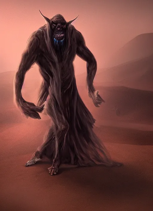 Prompt: terrific jinn demon in middle of desert with hoof on his feet with long cloth, horror, dark atmosphere, harsh lighting, cinematic lighting, scary, award wining art, artstation, high details, concept art, 4 k