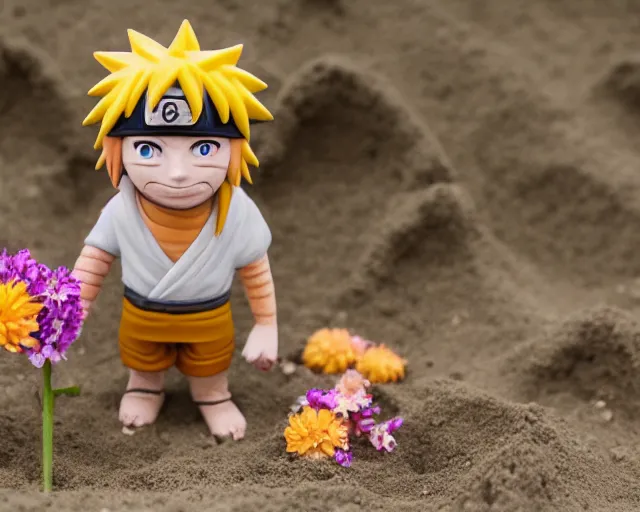 Image similar to 8 5 mm food photography of naruto made of sand near a garden with dof and bokeh and flowers o