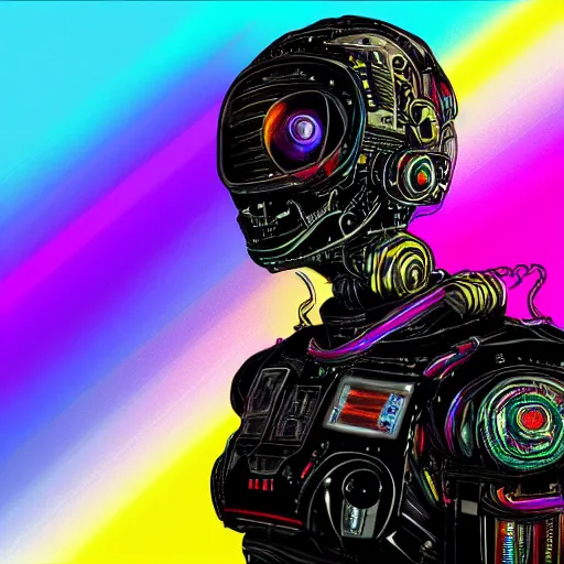 Image similar to black tshirt with a hyperdetailed portrait of a spaced out diesel punk robot, 8 k, symetrical, flourescent colors, multicolored,