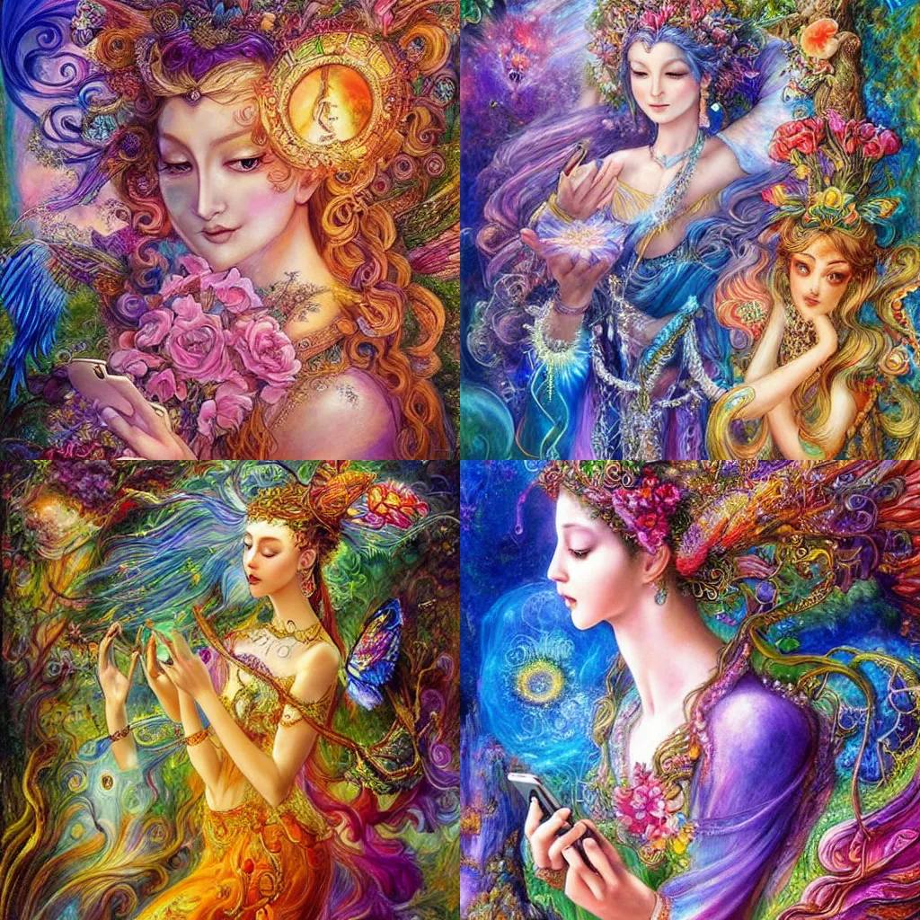 Prompt: fantasy nature goddess checking her phone, art by josephine wall, magic realism, art by huang guangjian, art by amanda sage