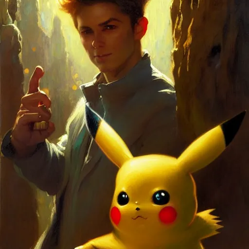 Image similar to stunning male master wizard and pikachu, highly detailed painting by gaston bussiere, craig mullins, j. c. leyendecker, 8 k