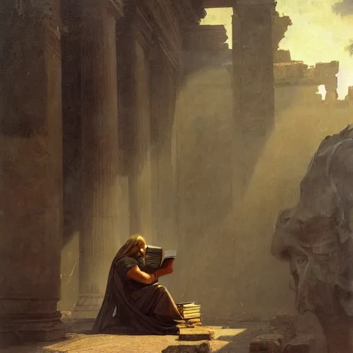 Prompt: half portait of magican wearing a closed cowl and reading big old book! jeremy mann, jean leon gerome, tiepolo, alphonse mucha, greg rutkowski, face in the shadows, ( ( ruins of ancient rome ) ), at dusk, mysterious atmosphere, sunrays, dof, masterpiece, high detailed, 8 k