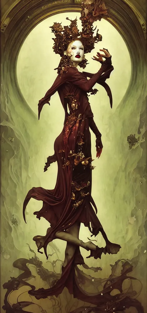 Image similar to baroque oil painting of full body vampire princess portrait, by nekro, peter mohrbacher, alphonse mucha, brian froud, yoshitaka amano, kim keever, victo ngai, james jean