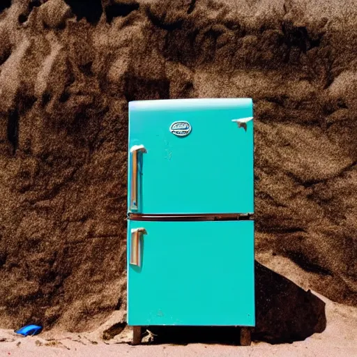 Image similar to blue refrigerator on beach with green sand