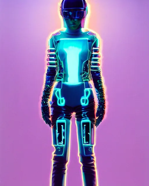 Image similar to full body shot of young punk woman dressed in futuristic cyberpunk clothing, colorful, night, soft light, bjork aesthetic, translucent, by rineke dijkstra and artgerm, intricate details, highly detailed, masterpiece, 8 5 mm