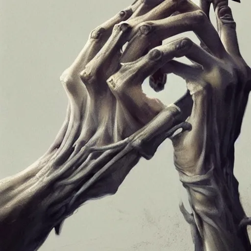 Image similar to A beautiful pale human hand holding a wretched skeleton hand, vertical symmetry, detailed hands, detailed skeleton hands, beautiful moody artwork by Greg Rutkowski and Asher Duran