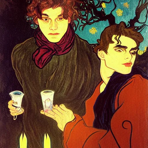 Image similar to painting of young cute handsome beautiful dark medium wavy hair man in his 2 0 s named shadow taehyung and cute handsome beautiful min - jun together at the halloween party, bubbling cauldron, candles, smoke, tarot, autumn colors, elegant, stylized, soft facial features, delicate facial features, art by alphonse mucha, vincent van gogh, egon schiele