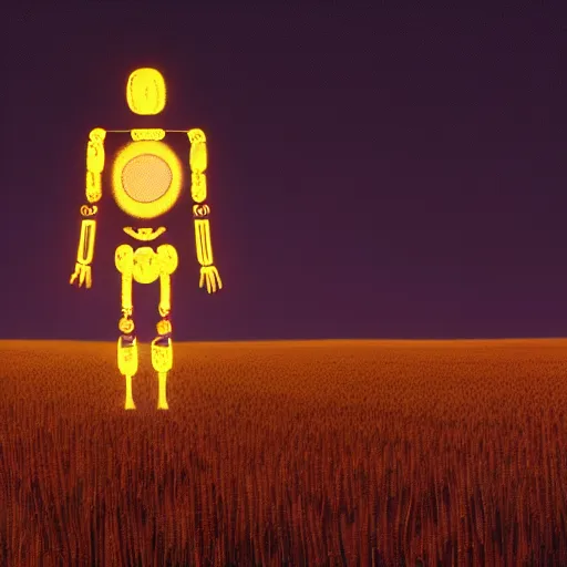 Image similar to digital painting of a glowing robot with gold wires levitating in a wheat field, synthetic humanoid smooth body, at night, stunning, cinematic lighting, concept art by greg rutkowski and simon stalenhag, artstation, cinematic, masterpice, insanely detailed, very realistic