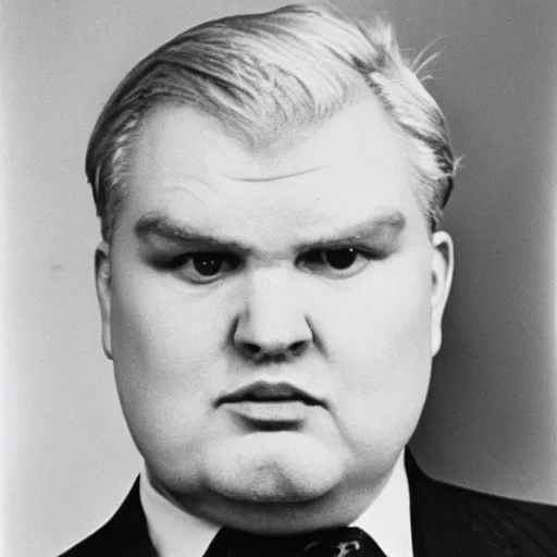 Image similar to photograph of a tall, angry, slightly obese man in his mid 7 0's, with blonde hair and an orange face, wearing a dark blue suit, a white shirt, and a red tie