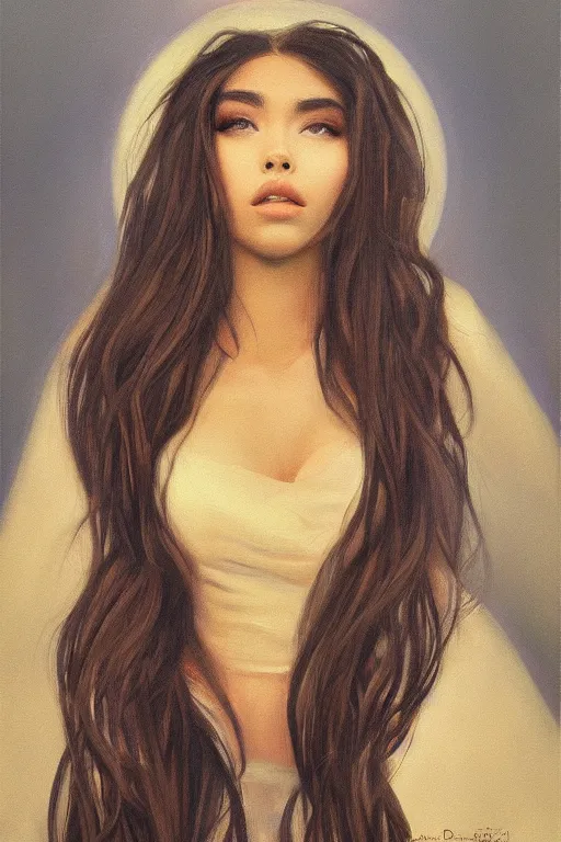 Prompt: madison beer painted by darrell k. sweet and edd cartier, trending on artstation, moon light fish eye illustrator, bokeh, magic realism, dutch golden age, expressionism
