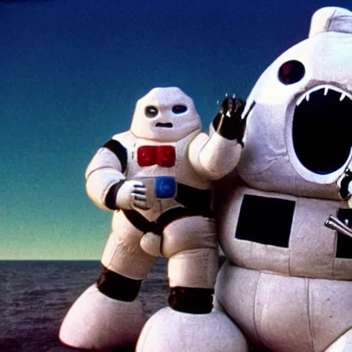 Prompt: color photograph of mechagodzilla fighting the giant Stay Puft Marshmallow Man