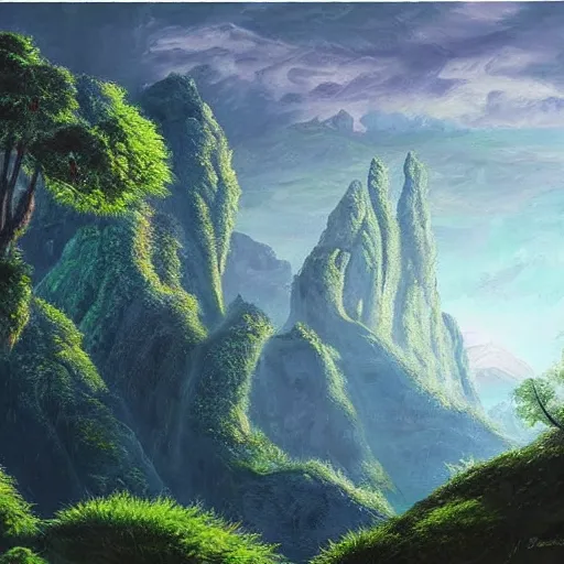 Prompt: large landscapes from another world, beautiful painting, very detailed fauna and flora, enhance lighting