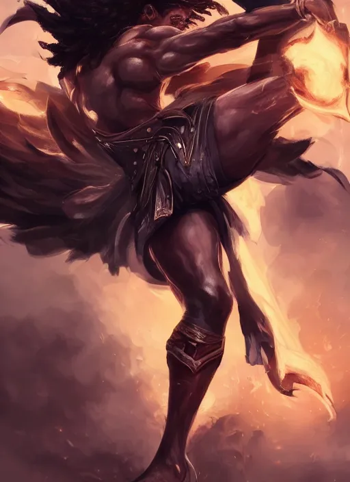 Prompt: a highly detailed illustration of attractive young black guy with tall hair with flaming feet, heroic kicking pose, intricate, elegant, highly detailed, centered, digital painting, artstation, concept art, smooth, sharp focus, league of legends concept art, wlop