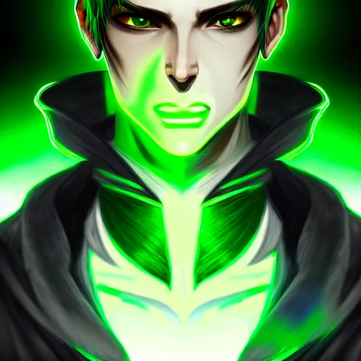 Prompt: a highly detailed portrait of a man with dark green hair and green glowing eyes, high detail clothing, concept art, anime, artstation, professional