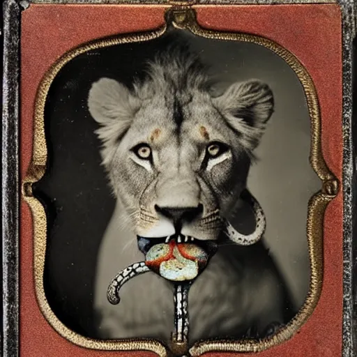 Image similar to tintype photo of a lion with a snake in his mouth