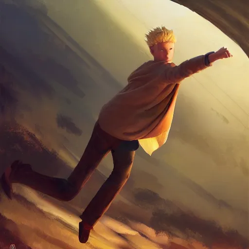 Image similar to blonde boy with golden eyes wearing a brown cape and flying in t pose, energy background, brush strokes, greg rutkowski, oil painting