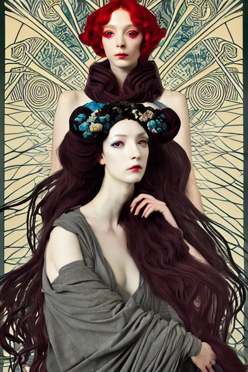 Image similar to a triad of winter muses, style blending æon flux, shepard fairey, botticelli, ivan bilibin, and john singer sargent, inspired by pre - raphaelites, shoujo manga, and harajuku fashion, stark landscape, muted dark colors, superfine inklines, ethereal, otherworldly, 4 k photorealistic, arnold render