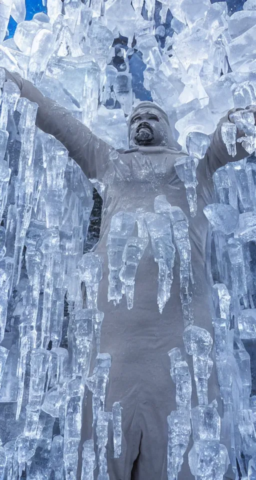 Prompt: dramatic photo, full body statue of rapper'ice cube'frozen in ice at harbin ice festival, full body, wide angle photo, award winning, aurora borealis