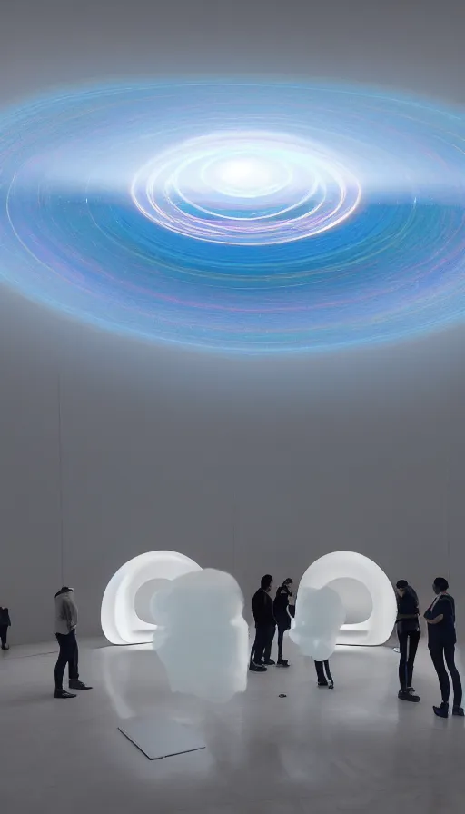 Prompt: photograph of elite (holy, haloed) designers floating in midair in a spacious Apple Park design studio surrounded by parhelion haloes of spatial VR hologram UI made of refractive aerogel dials and buttons, 140mm f/2.3 sunrise photograph of atmospheric weather contained inside a massive refractive colloid cube, roll cloud supercell flowing into a minimalist intake hole
