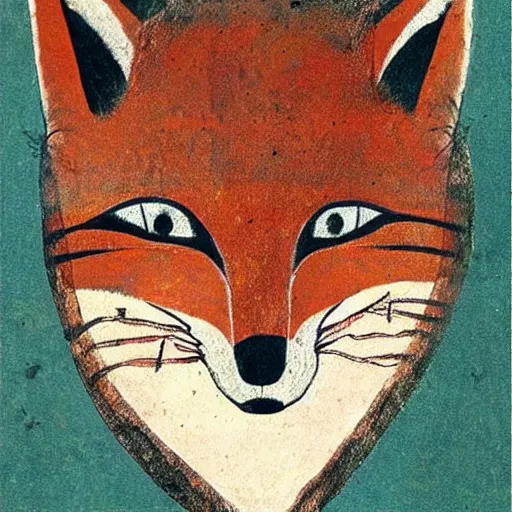 Image similar to neolithic cave painting of a half-fox warrior. strong and powerful anthropomorphic fox. gorgeous eyes. cave scratches in cave wall. art by homo erectus. earthen colors