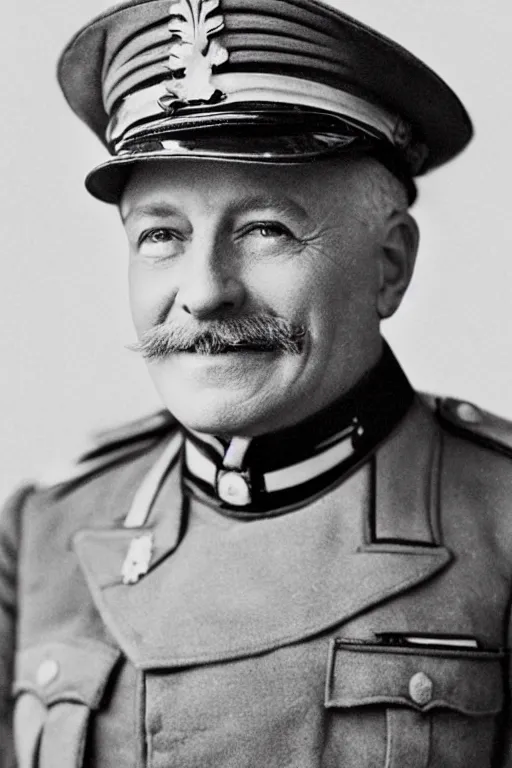 Prompt: official Portrait of a smiling WWI admiral, male, cheerful, happy, detailed face, 20th century, highly detailed, cinematic lighting, photograph, black and white