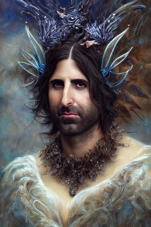 Image similar to closeup portrait shot of jason schwartzman as king oberon, fairy wings, lord of beasts, highly detailed, digital painting, artstation, concept art, soft focus, depth of field, artgerm, tomasz alen kopera, peter mohrbacher, donato giancola, wlop, boris vallejo