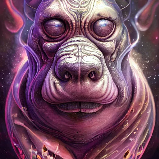 Image similar to a wlop 3 d render of very very very very highly detailed beautiful mystic portrait of a phantom undead hippo with whirling galaxy around, tattoos by anton pieck, intricate, extremely detailed, digital painting, artstation, concept art, smooth, sharp focus, illustration, intimidating lighting, incredible art,