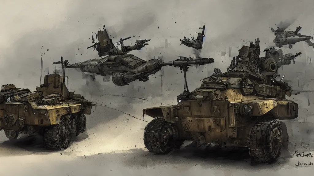 Prompt: overview of dieselpunk armored personnel carrier, watercolored, jakub rozalski, dark colours, dieselpunk, artstation