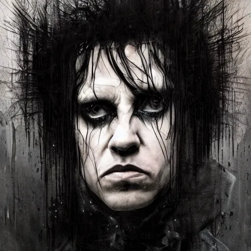 Prompt: stunning portrait of gaunt ( the cure fan ) as dream from sandman, dim stars as eyes, by jeremy mann, by cedric peyravernay, by by russ mills, by richard avedon and ben templesmith, dramatic lightning, sadness, grim face, dark eye sockets, in the shadows, punk rock, gothic, high detailed, 8 k