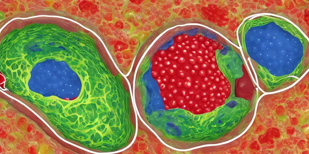 Image similar to cutaway of the interior of a human cell, showing the nucleus and organelles, made of fruit floating in jello