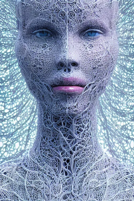 Prompt: a melancholic realistic 8k Sculpture of a complex robotic human face, liquid simulation, bright psychedelic colors, dramatic lighting, hexagonal mesh wire, filigree intricate details, cinematic, fleshy musculature, white blossoms, elegant, 50mm lens, DOF, octane render, art nouveau, 8k post-processing, intricate art by Raymond Swanland