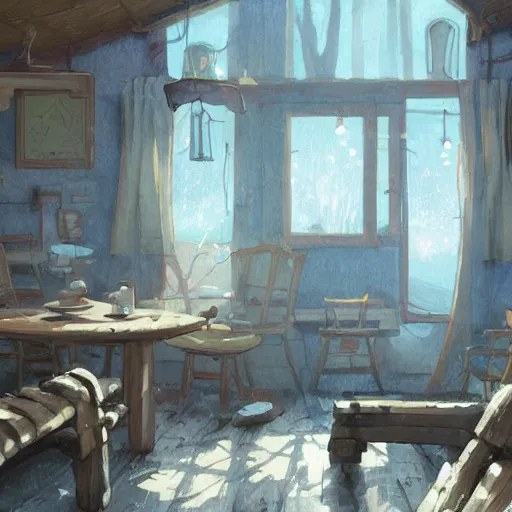 Image similar to concept art painting of interior of a cozy cottage with european and japanese design, realistic, detailed, cel shaded, in the style of makoto shinkai and greg rutkowski and james gurney